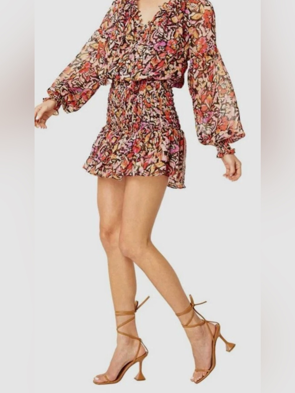 MISA Los Angeles Floral Long Sleeve Smocked Waist Mini Dress - Size S
